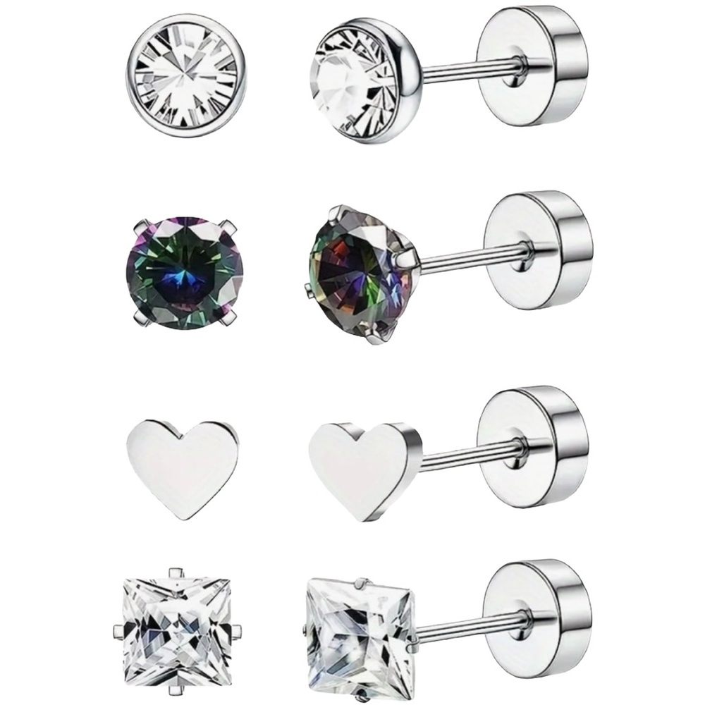 (4) Pairs Stud Earrings Multi Color Stones in Stainless Steel